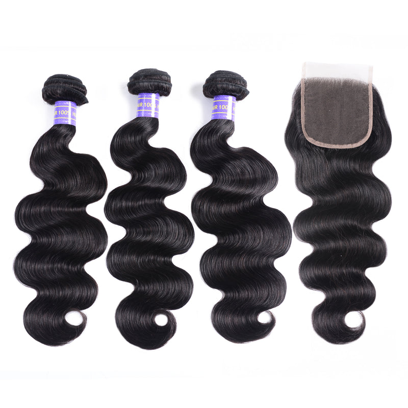 Sunber Malaysian Body Wave 3 Bundles Weaves with 4x4 Lace Closure Affordable Remy Human Hair