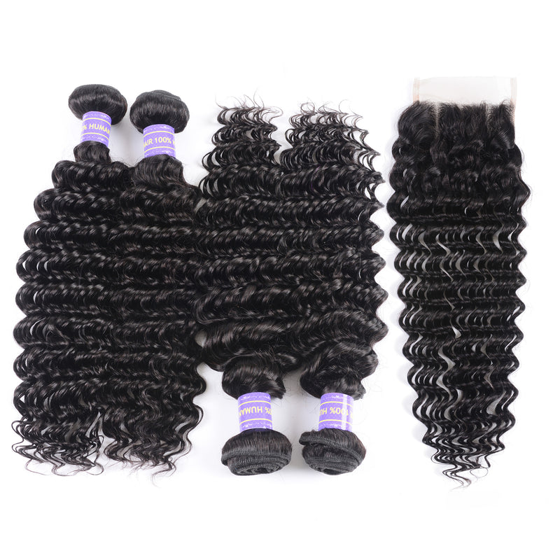 Sunber Deep Wave 4 Bundles Human Hair Weave With 4x4 Lace Closure Free Part