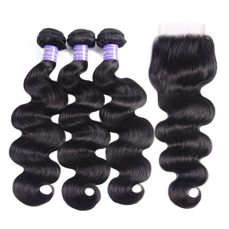 Sunber Brazilian Body Wave Affordable Remy Human Hair 3 Bundles With 4x4 Swiss Lace Closure