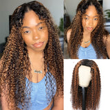 Sunber Balayage Highlight Curly V Part Wigs Effortless To Put On Dark Roots Human Hair Wig