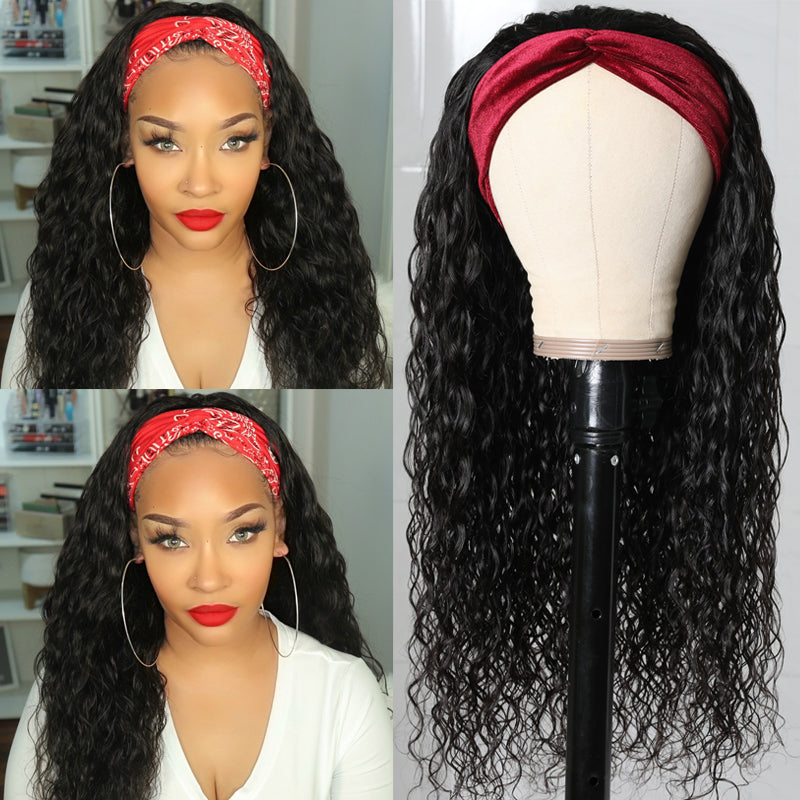 Flash Sale Sunber Water Wave Glueless Headband Wig Human Hair Natural Color 180% Density