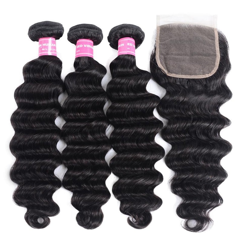 Sunber Hair Brazilian Loose Deep Wave 3 Bundles Hair with 4*4 Lace Closure Deals