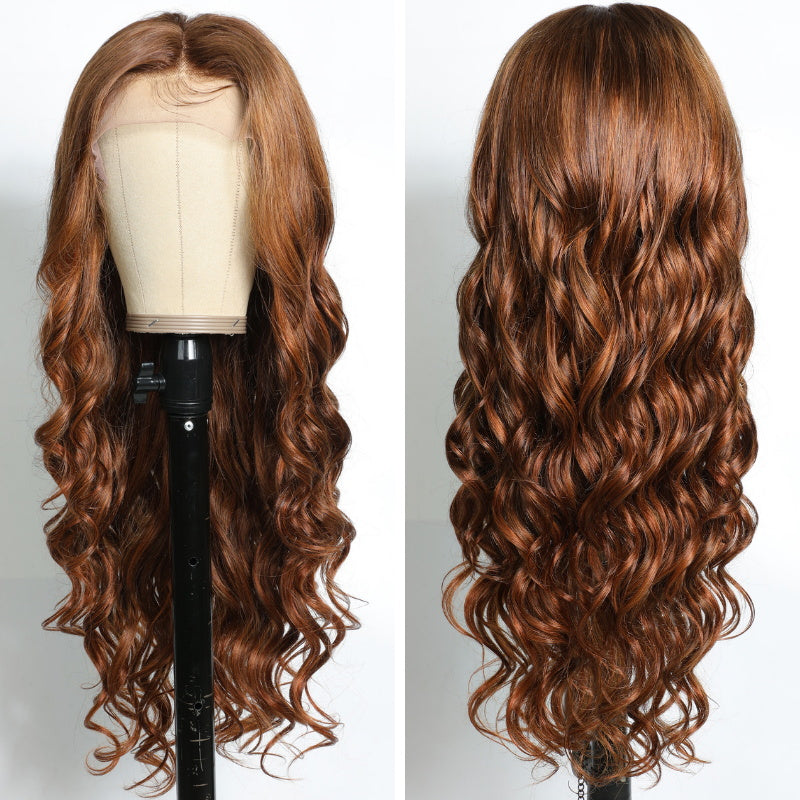 Sunber Voluminous Bouncy Curls Loose Wave Wigs Auburn Highlight Color Lace Front Wigs 180% Density