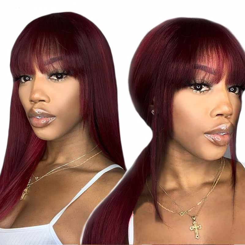 Sunber 99J Wine Red Silk Straight Human Hair Wig with Bangs Burgundy Colored Wigs Glueless Human Hair Wigs