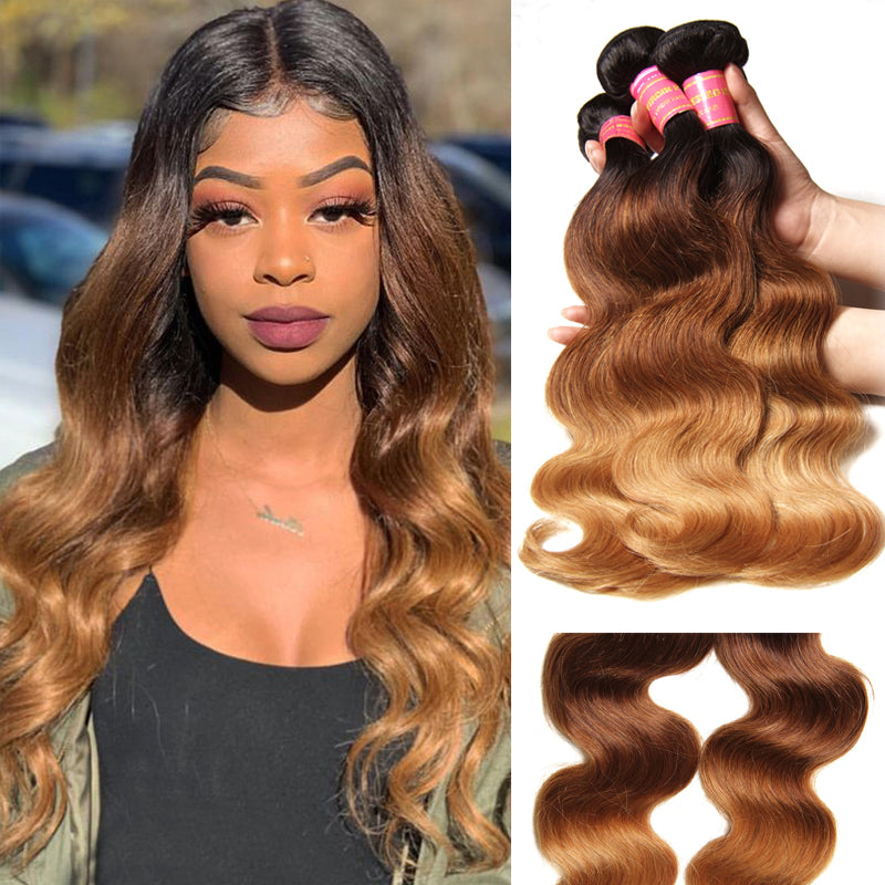 Sunber Hair 1 Bundle Ombre Body Wave Hair #T1b/4/27 Ombre Brown Virgin Hair Bundle 16"-26"