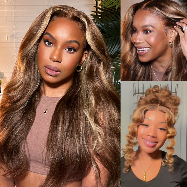 Honey Blonde Highlight Kinky Straight lace front wig
