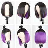 Sunber Short Bob Wig Natural Black with Hidden Purple Color PU Silk Lace Fake Scalp Wig Underlight Human Hair Wig