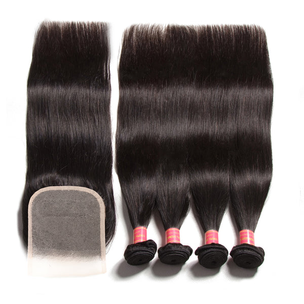 Sunber Hair Straight Hair 4 Bundles With 4*4 Transparent Lace Closure, 100% Human Virgin Hair Bundles