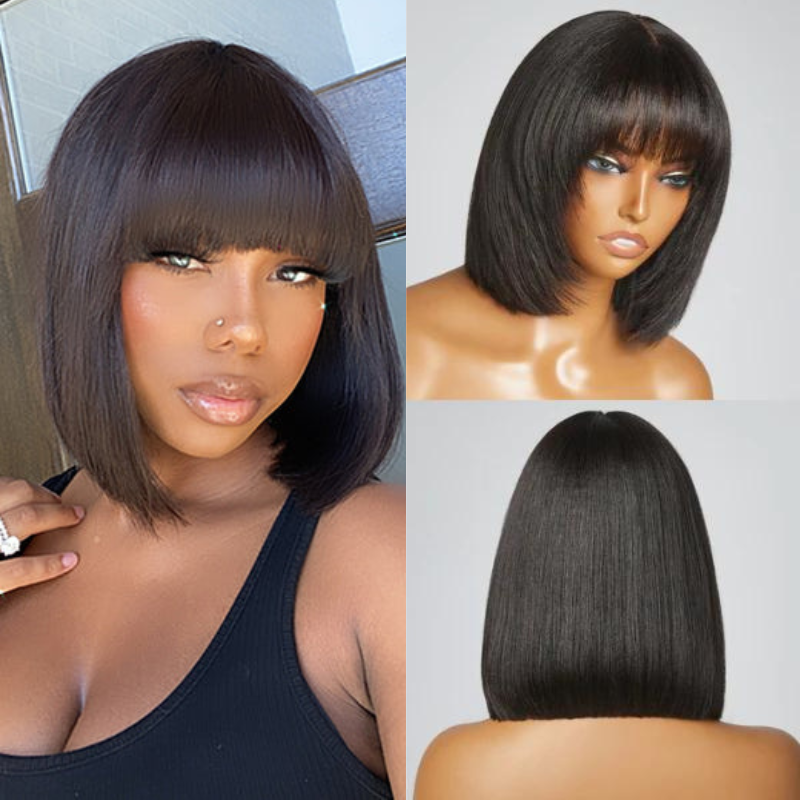 BOGO Sunber Natural Black Bob Wig With Bangs 150% Density Human Hair