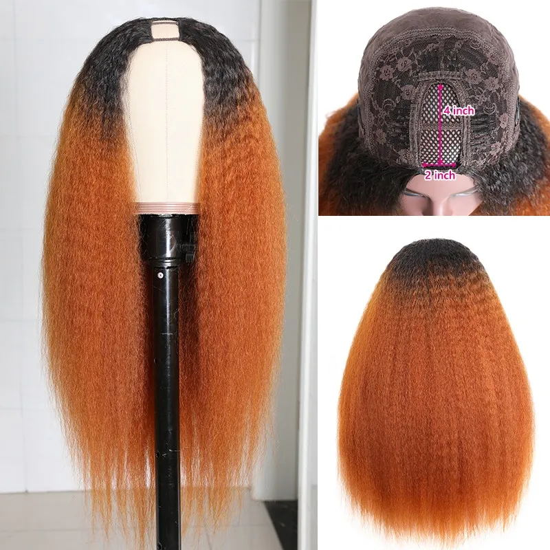 Clearance Sale Ombre Ginger Color U Part Wig Kinky Straight Glueless Human Hair Wigs 180% Density