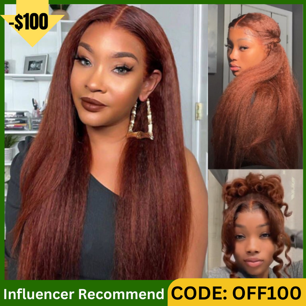 Sunber $100 Off Kinky Straight Reddish Brown Lace Front Wig Dark Auburn Copper Color Human Hair Wigs