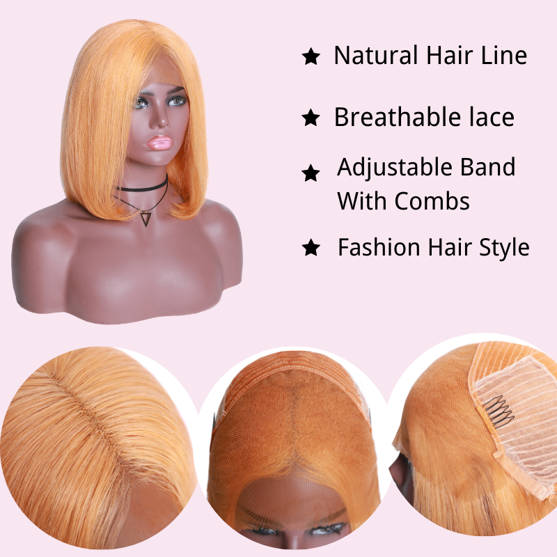 Sunber Hair Short Bob Wig 13*4 Lace Front Fanta Orange/ Peach Yellow Hair Wig Preplucked For Black Women