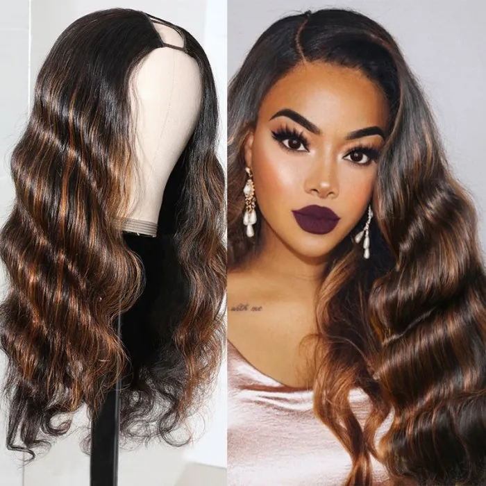 Sunber Youtuber AlwaysAmeera Recommend U Part Wigs Mix Brown Highlight Colored Body Wave Human Hair Wigs