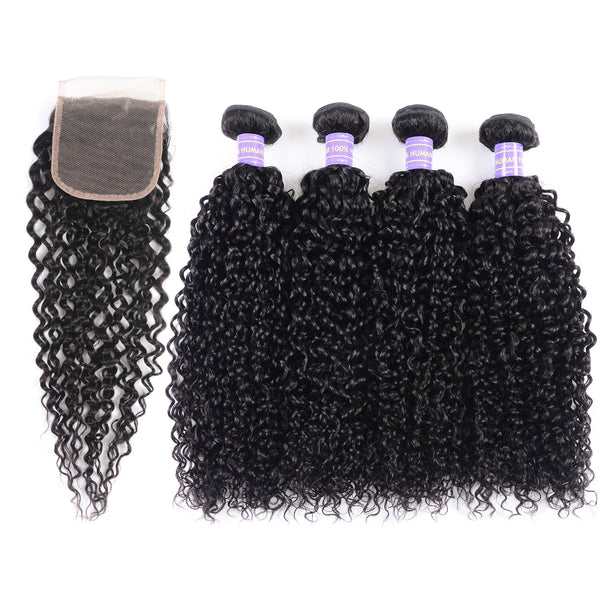 Sunber Hair New Remy Black Color Brazilian Curly Hair 4 Bundles with 4*4 Lace Closure 100% Human Hair Weaves