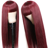 Sunber 99J Wine Red Silk Straight Human Hair Wig with Bangs Burgundy Colored Wigs Glueless Human Hair Wigs