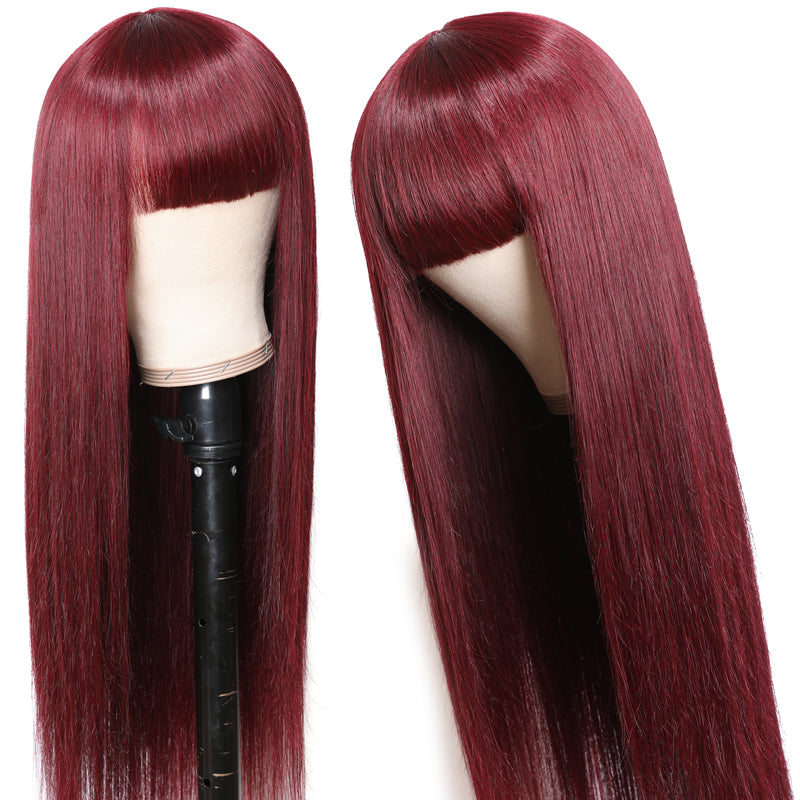 Sunber 99J Wine Red Silk Straight Human Hair Wig with Bangs Burgundy Colored Wigs Glueless Human Hair Wigs