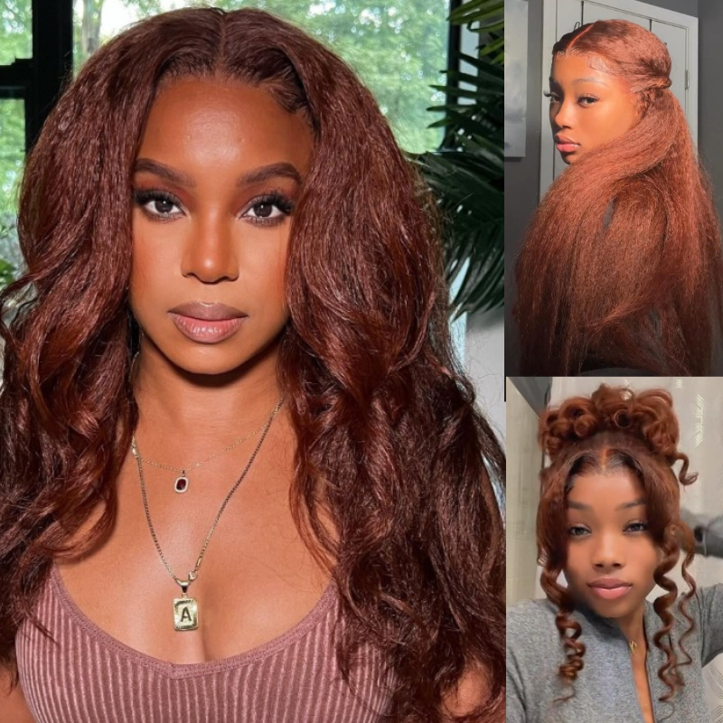 Sunber $100 Off Kinky Straight Reddish Brown Lace Front Wig Dark Auburn Copper Color Human Hair Wigs