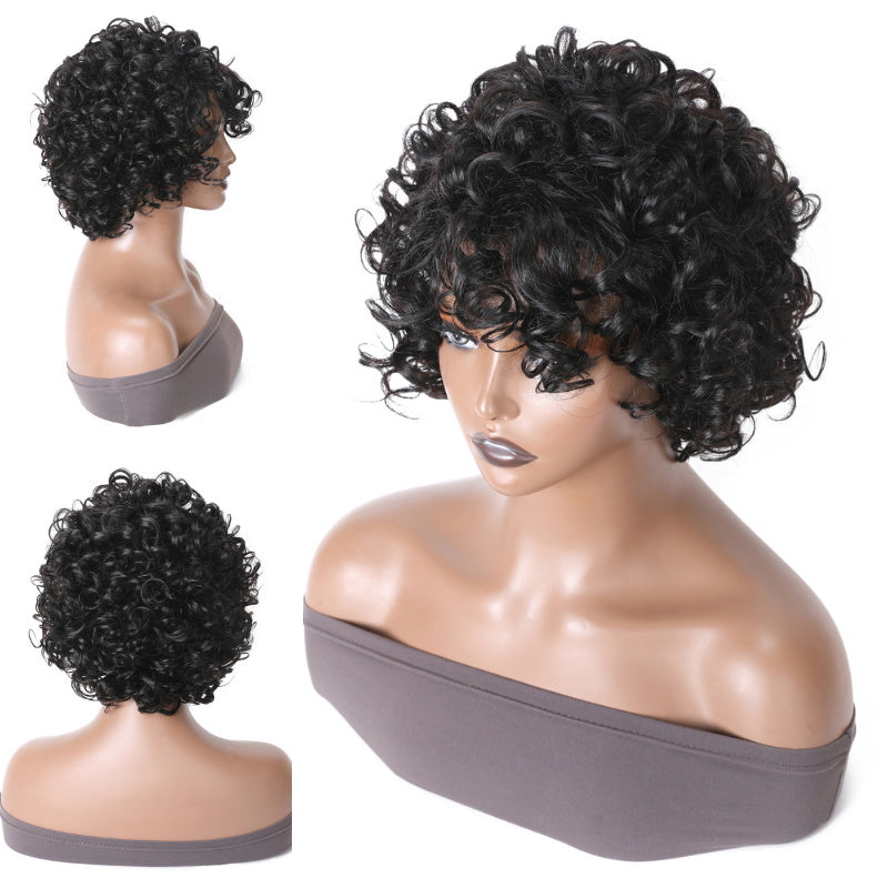 Sunber Fluffy Curls Short Human Hair Wigs with Bangs Glueless Pixie Cuts Wigs Flash Sale