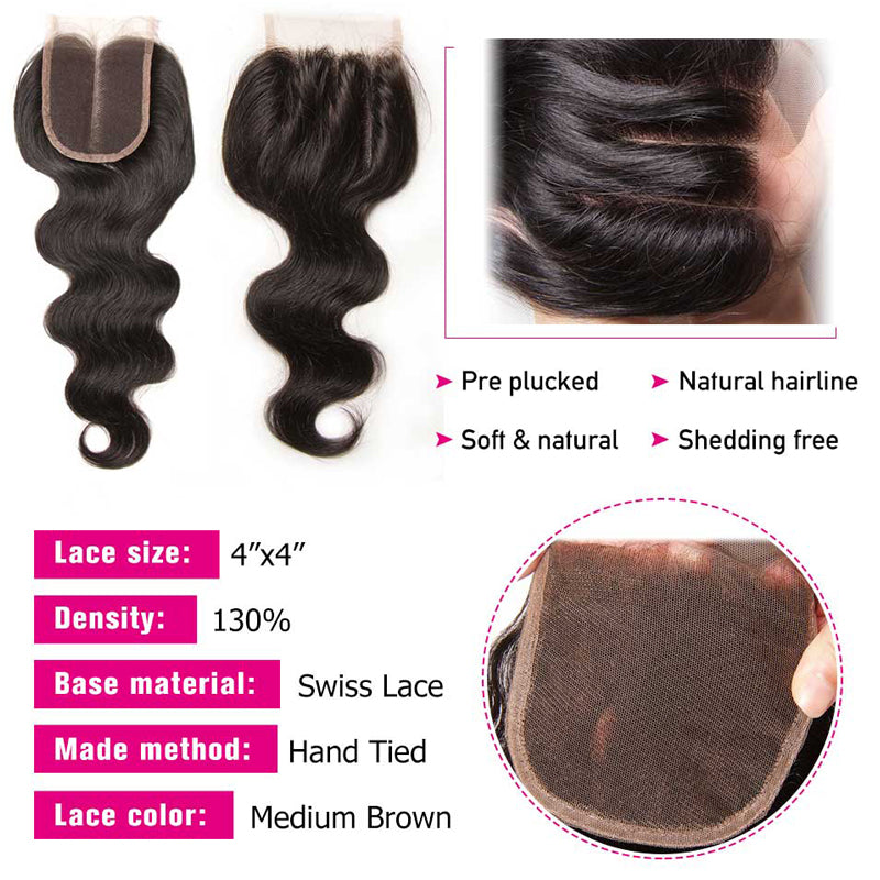 Sunber Hair Brazilian Body Wave 3 Bundles With Closure, Deals on Bundles of Brazilian Virgin Hair Weave