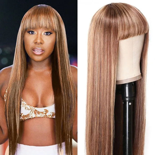 Sunber TL4/12 Honey Blond Highlight Human Hair Wig With Bangs Virgin Human Hair Machine Made Wigs