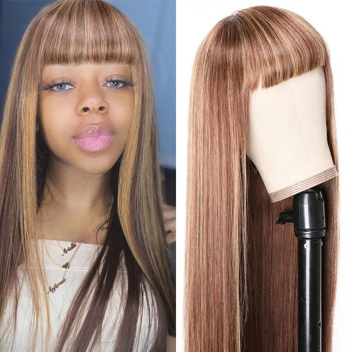 Sunber TL4/12 Honey Blonde Highlight Machine Made Wig With Bangs