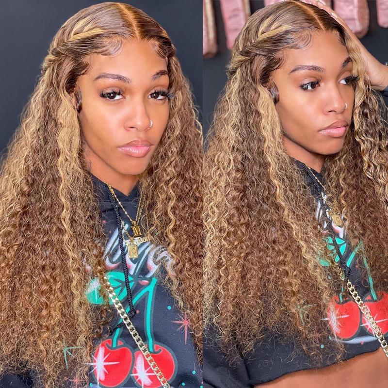 【22”=$95】Sunber $100 Off Honey Blonde Highlight Lace Front Curly  Wigs 100% Human Hair Wig