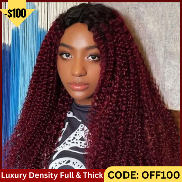 Sunber $100 Off Sunber Ombre 99j Burgundy Colored Jerry Curly V Part Human Hair Wig Luxury Density