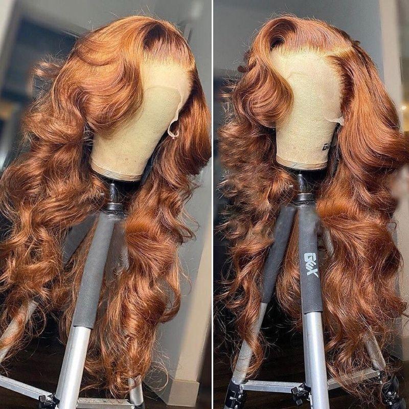 Sunber Voluminous Bouncy Curls Loose Wave Wigs Auburn Highlight Color Lace Front Wigs 180% Density