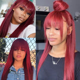 Sunber 99J Wine Red Silk Straight Human Hair Wig with Bangs Burgundy Colored Wigs Glueless Human Hair Wigs