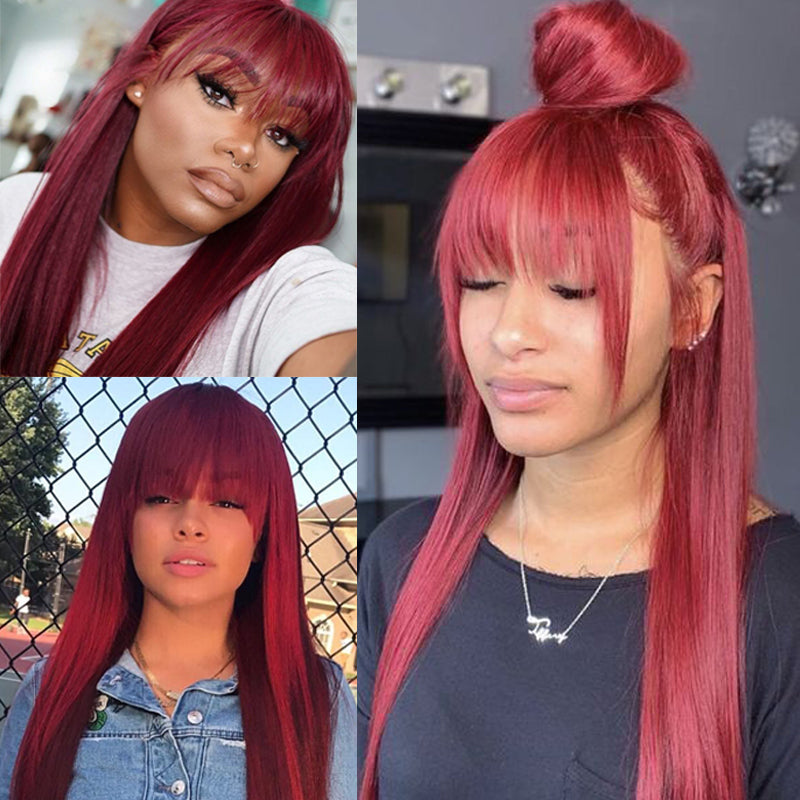 Sunber 99J Wine Red Silk Straight Human Hair Wig with Bangs Burgundy Colored Wigs Glueless Human Hair Wigs