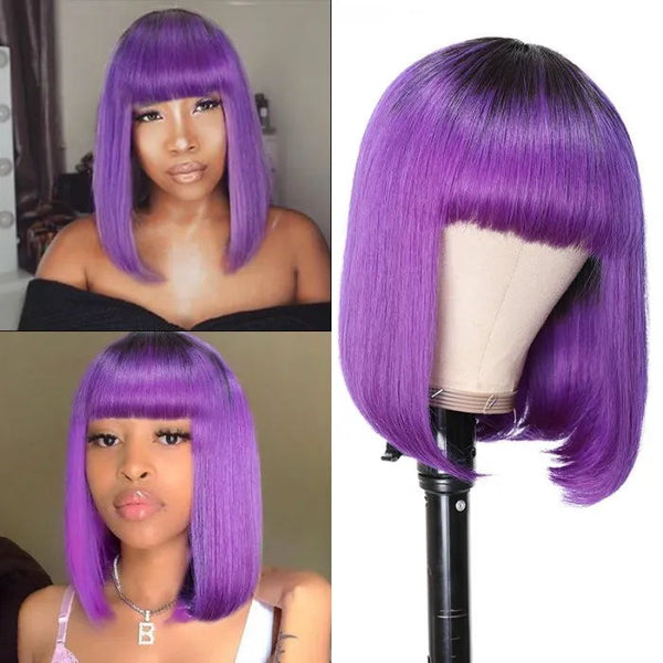 Sunber T1B/Purple Ombre Bob Wig with Dark Roots Short Straight Human hair with Bangs Machine Made Human Hair Wig