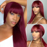 Sunber 99J Wine Red Silk Straight Human Hair Wig with Bangs Burgundy Colored Wigs Glueless Human Hair Wigs