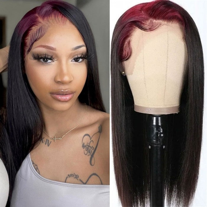 Sunber Skunk Stripe Hair Sparkle Burgundy 99J Roots Straight 13x4 Lace Frontal Wigs