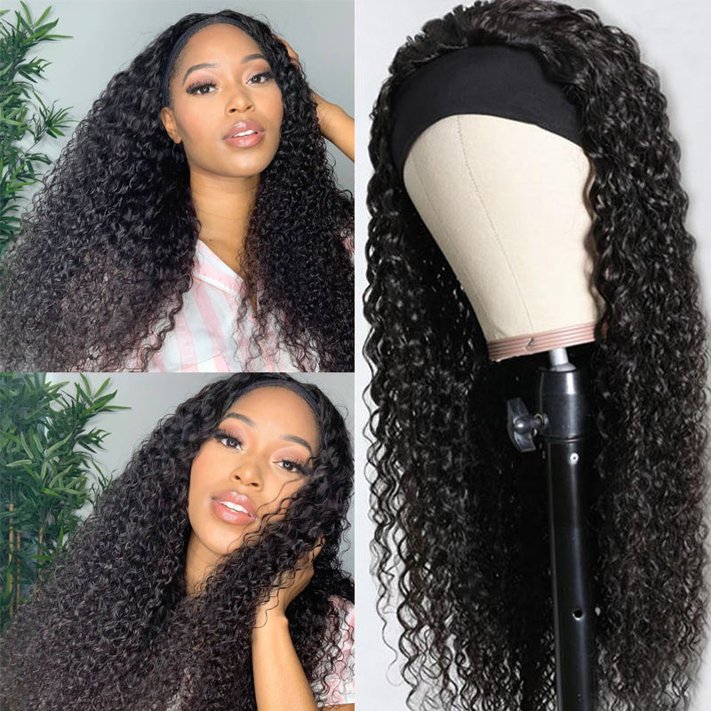 Sunber Jerry Curly Scarf Wigs 100% Human Hair Wig No Glue No Sew In Headband Wig for Women