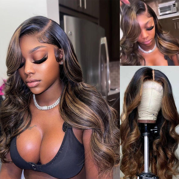 【18”=$79】Sunber Balayage Highlight 13 By 4 Lace Front Wigs With Dark Roots T Part Lace Front Wig 180% Density Flash Sale