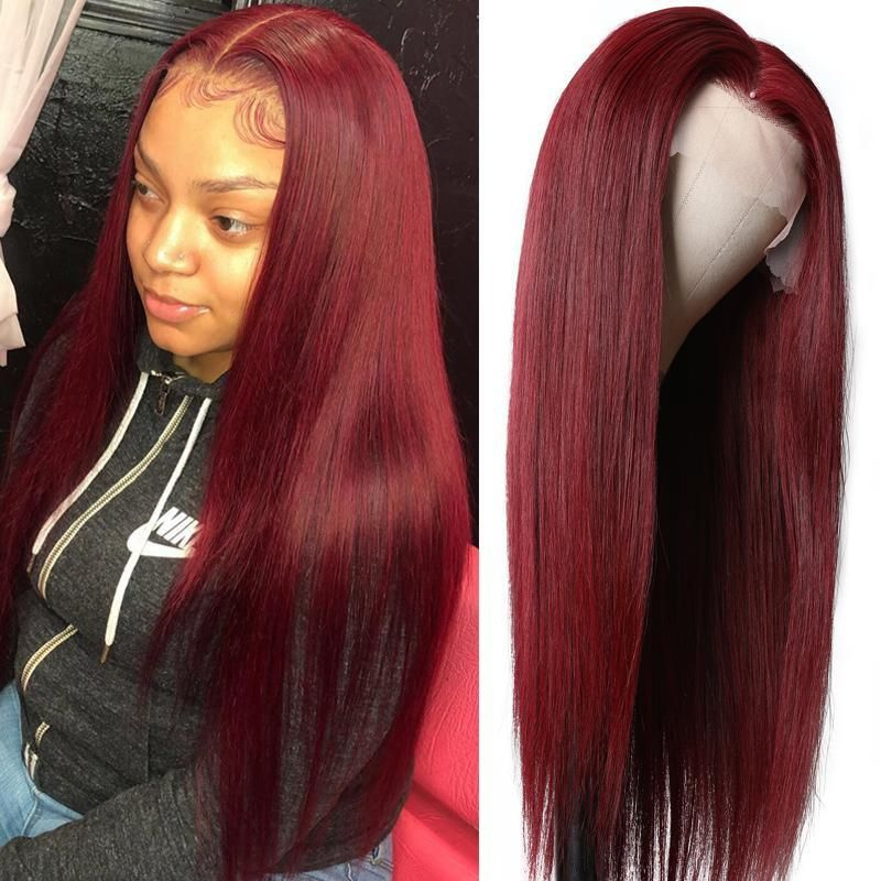 BOGO Sunber 99J Long Straight Lace Part Wig 180% denisty Red Human Hair Wigs