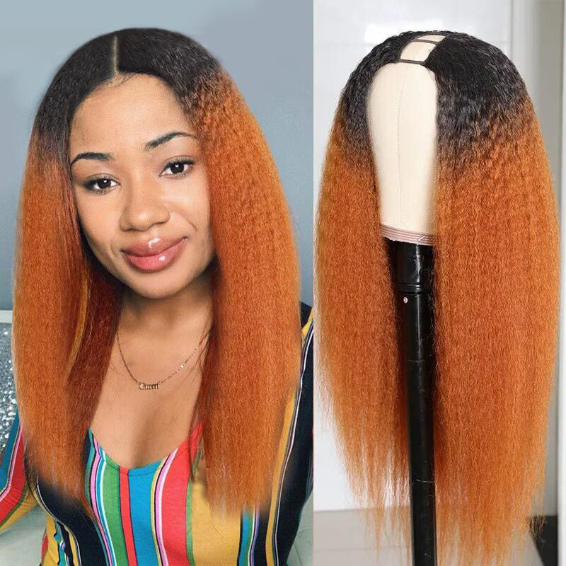 Clearance Sale Ombre Ginger Color U Part Wig Kinky Straight Glueless Human Hair Wigs 180% Density