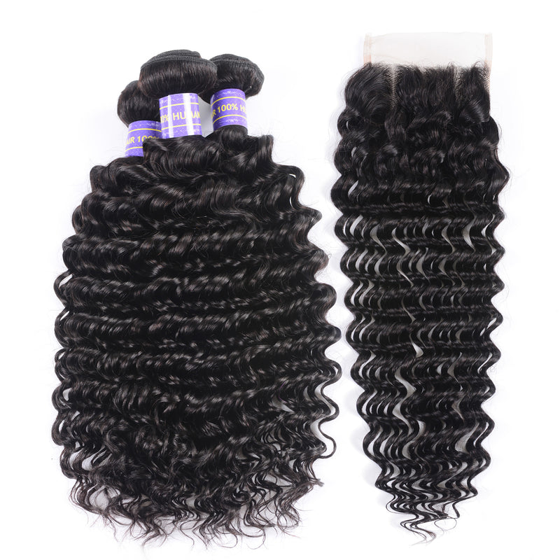 Sunber Deep Wave 4 Bundles Human Hair Weave With 4x4 Lace Closure Free Part