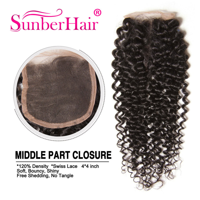 1pcs Curly Hair 4"*4" Lace Closures, Three /Middle /Free Part, Peruvian/Malaysian/Brazilian Hair - Sunberhair