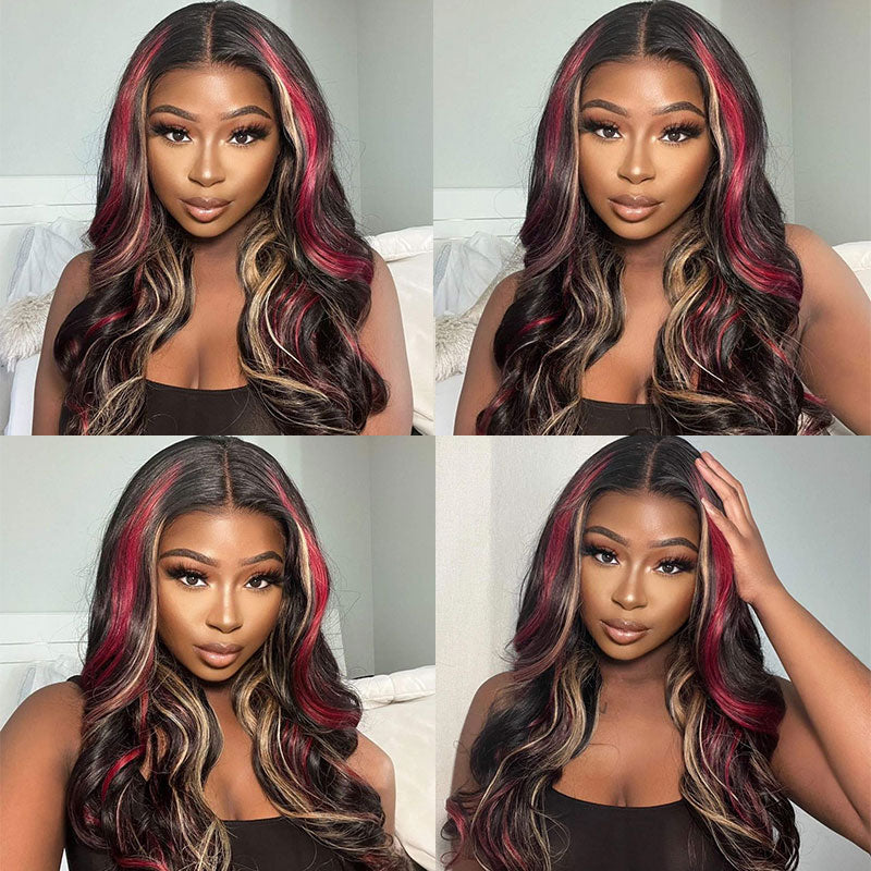 $100 OFF Sunber Black with Red & Blonde Highlights 13x4 Lace Front Human Hair Wig