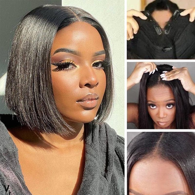 Sunber No Gel No Glue Short Bob V Part Lace Wig 0 Skill Human Hair Wigs