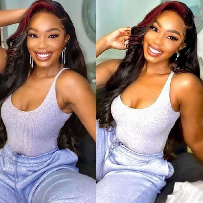 Sunber Skunk Stripe Hair Sparkle Burgundy 99J Roots Straight 13x4 Lace Frontal Wigs