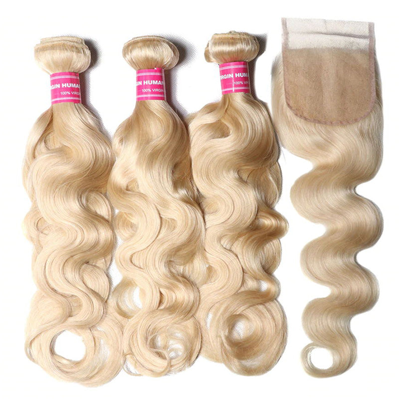 Sunber Hair 3 Bundles 613 Blonde Body Wave Human Hair Weaves With 4X4 Lace Closure