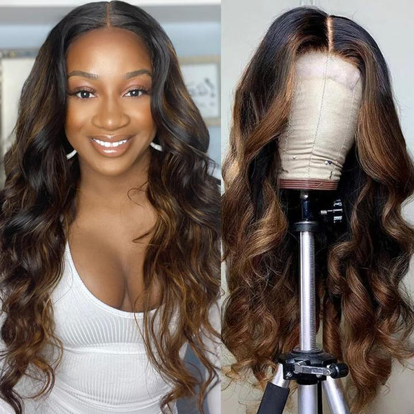 Sunber Balayage Highlight 13x4 Lace Front Wigs Free Part #1b/30 Dark Roots Body Wave Human Hair Wigs