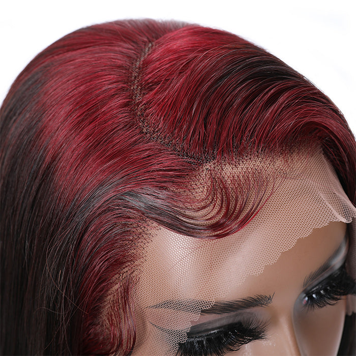Sunber Skunk Stripe Hair Sparkle Burgundy 99J Roots Straight 13x4 Lace Frontal Wigs