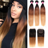 Sunber Hair Ombre Hair T1b/4/27 Color Straight Human Hair 3 Bundles with Lace Closure 100% Human Hair