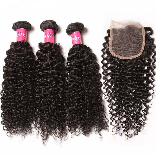 Malaysian Virgin Curly Hair 3 Bundles with 4"*4" Lace Closure, #1B Natural Black Color - Sunberhair