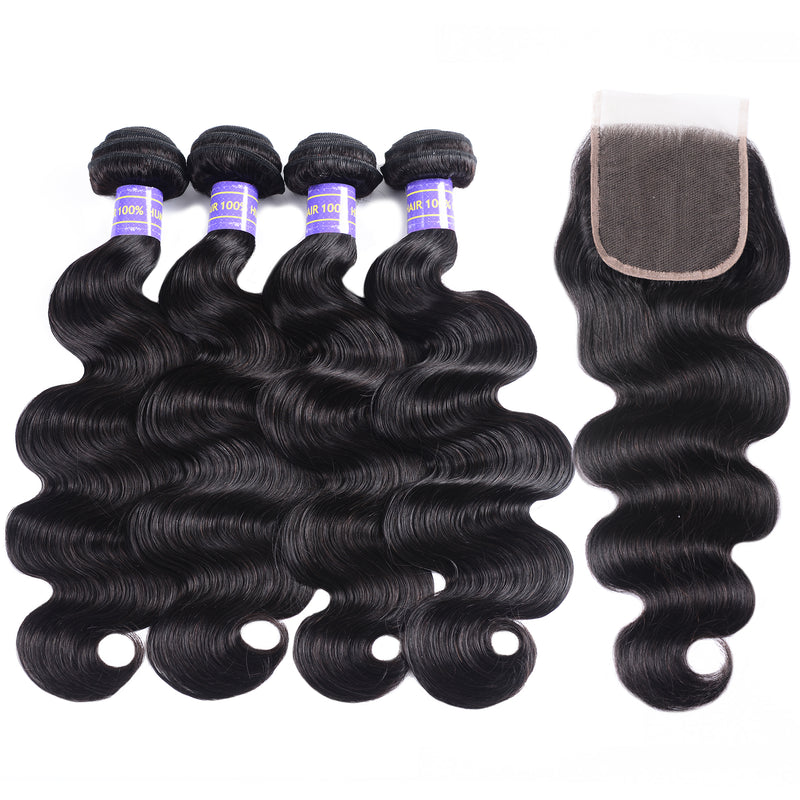 Sunber Hair Indian Human Hair New Remy Hair Body Wave 4 Bundles With 4*4 Lace Closure Good Quality