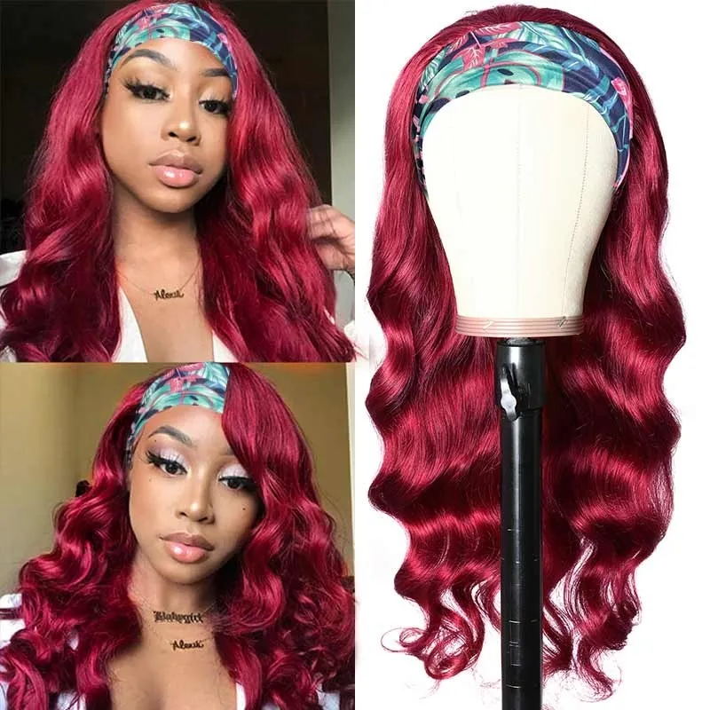 Sunber Burgundy 99J Color Headband Wig Body Wave Hair Wigs With Pre-attached Scarf Glueless None Lace Front Human Hair Wigs