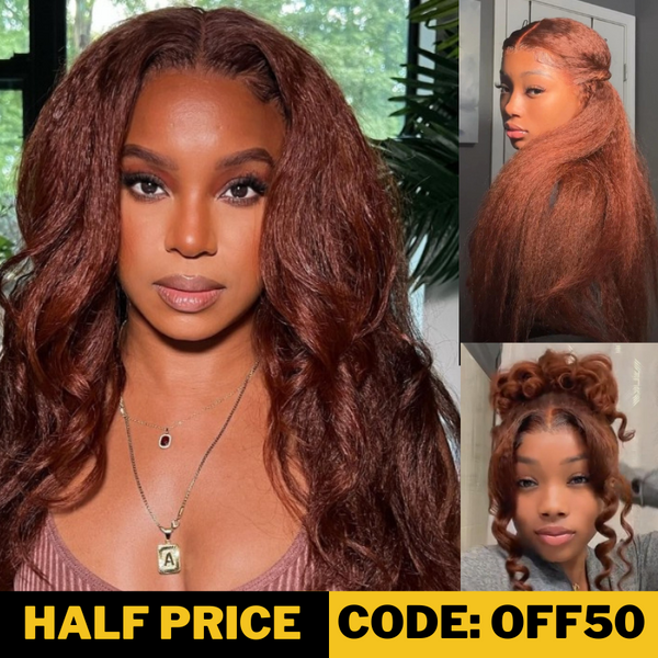 50% OFF Sunber Kinky Straight Reddish Brown Lace Front Wig Dark Auburn Copper Color Human Hair Wigs